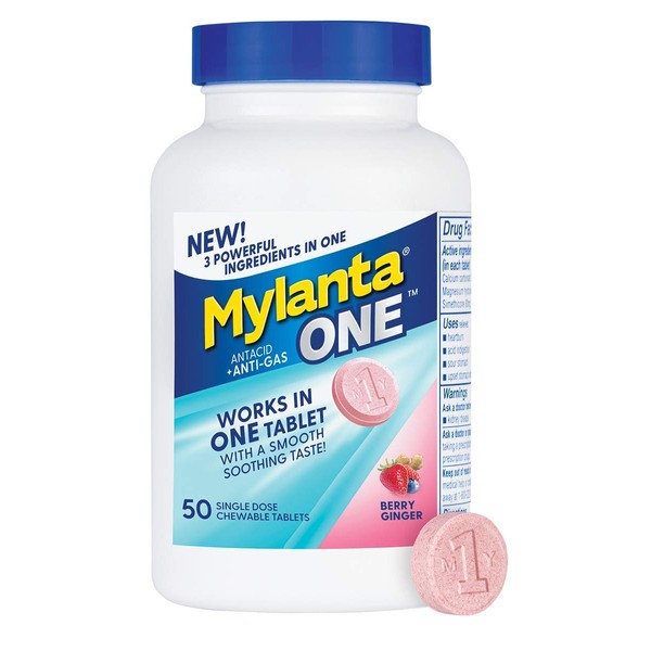 Mylanta One Single Dose Chewable Antacid/Antigas Tablets, Berry Ginger Flavor, Pink, 50 Count