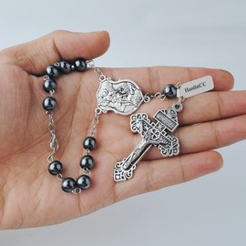 Saint Michael Evil Protection One Decade Catholic Rosary for Car or Truck Rearview Mirror-HanlinCC (Anti-Silver Car Rosary)