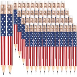 JarThenaAMCS 50Pcs Independence Day Pencil with Erasers American Flag Short Writing Pencils Red White Blue Patriotic Half Pencils for 4th of July School Office Stationery Supplies, 4 in