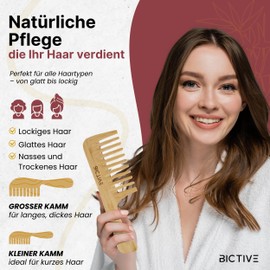 BICTIVE® Grober Kamm [Groß]. Holzkamm für Alle Haartypen. Lockenkamm Naturlocken aus Bambus, Styling Kamm, Wide Tooth Comb, Entwirrbürste Lange Haare, Breite Zinken für Damen und Männer. Anti-Frizz
