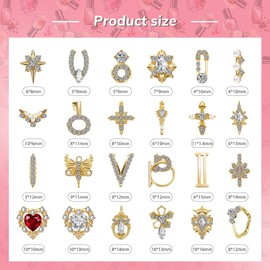 CharmeFleur Pack of 48 Charms Gold 3D Nail Gems Heart Rhinestone Glitter Diamonds Metal Crystals Jewellery Luxury Decoration with Storage Box for Women DIY Hand Beauty, 24 Styles