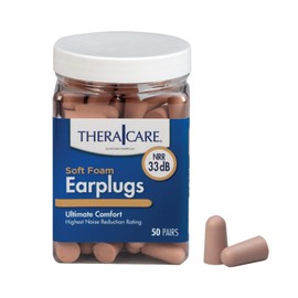 TheraCare Soft Foam Earplugs | 33 dB Noise Reduction | 50 Pairs Per Jar | Latex-Free | Sleep, Work, Travel, Recreation Uses