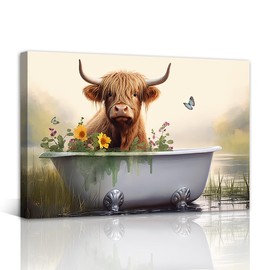 Highland Cow Bathroom Canvas Wall Art Funny Cow in Bathtub Picture Prints Farmhouse Animal Paintings Modern Artwork for Toilet Washroom Decor Framed(Bathroom-4,16.00" x 24.00")