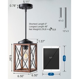 DEWENWILS Farmhouse Pendant Light, Metal Hanging Light Fixture with Wooden Grain Finish, 48 Inch Adjustable Pipes for Flat and Slop Ceiling, Kitchen Island, Bedroom, Dining Hall, E26 Base