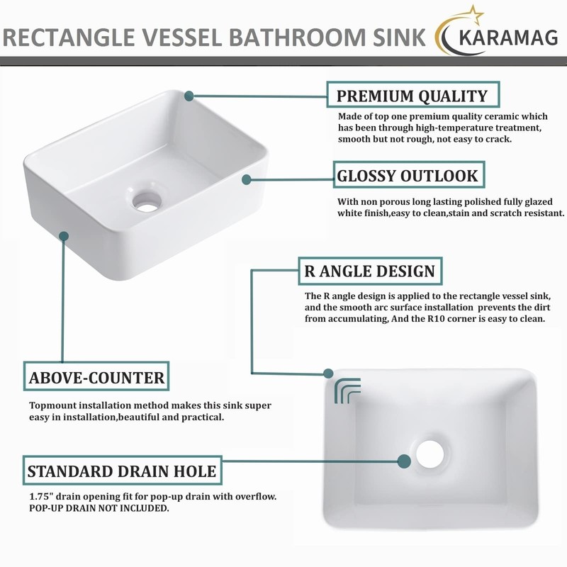 White Vessel Sink Rectangle 16"x12" Bathroom Sink Rectangular Modern Above