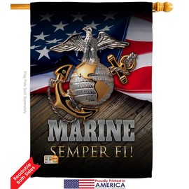 HS137034-BO Marine Semper Fi Americana Military Veteran Decorative Gift Vertical 28" x 40" Double Sided House Flag Set Pole Bracket Hardware Made in USA