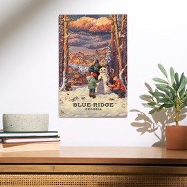 Lantern Press 10x15 Inch Wood Sign, Ready to Hang Wall Decor, Blue Ridge, Georgia, Holiday, Merry and Bright, Vintage Snowman