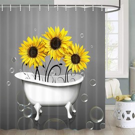 JAWO Shower Curtain, Farmhouse Country Floal Daisy Shower Curtain, Sunflower Shower Curtain, Cute Shower Curtain Grey Shower Curtain Fun Bathroom Set with Hooks, 72X78 inch (Yellow)