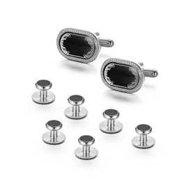 UJOY Cufflinks & Studs Set (1Pair Cufflinks & 3Pair Tuxedo Studs) Mens Jewelry Kit with Gi-ft Box - Blue Goldline & Silver, Valentines Gi-fts for Him, Men's Cufflinks & Shirt Accessories