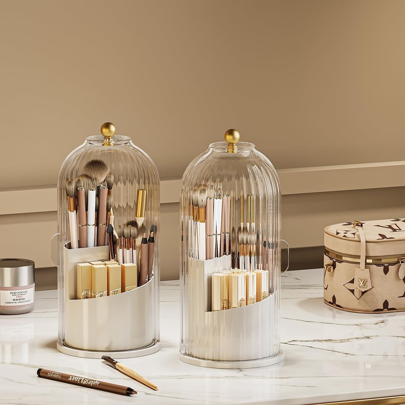STORICANS Makeup Brush Holder Rotating Organiser with Clear Lid，Sliding Opening