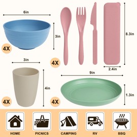 Idealic 28-piece Wheat Straw Dinnerware Set for 4, Microwavable Dishes Dishwasher Safe Unbreakable Dinnerware Set, Dinner Plates,Snack Bowls, Camping Cups, Reusable Kitchen Set, Multi Colors