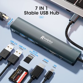 RealPlus USB C Hub 7 in 1 USB C Adapter with 4K HDMI, 1Gbps Ethernet RJ45, 100W PD, 2 USB A 5Gbps Data Ports, MicroSD & SD Card Reader, USB C Docking Station for MacBook Air M2, Windows, Switch