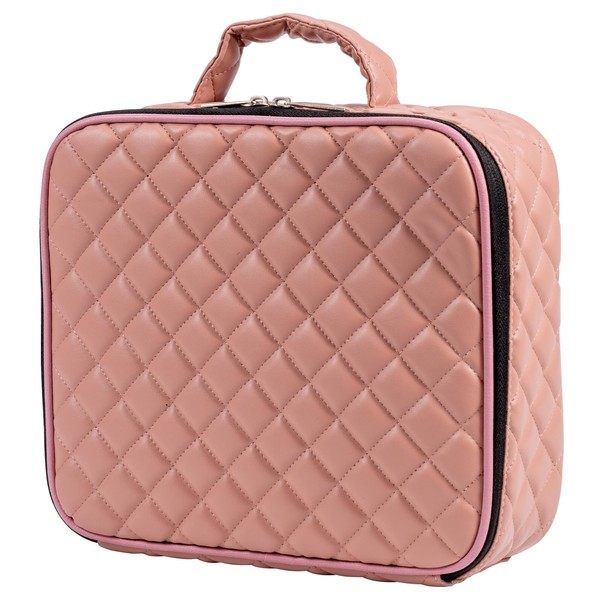 9CH Travel Checkered Makeup Bag - Makeup Organizer Bag, Leather Makeup Cosmetic Case Organizer Makeup Train Case with Adjustable Dividers for Women Cosmetics(Pink Check)