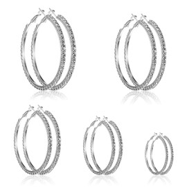 5 Pairs Rhinestone Hoop Earrings for Women, 3-7 cm Round Large Lightweight Sparkle Bling Big Shiny Rhinestone Sparkly Bling Hoop for Women Jewelry Wedding Party Dance Gift Date