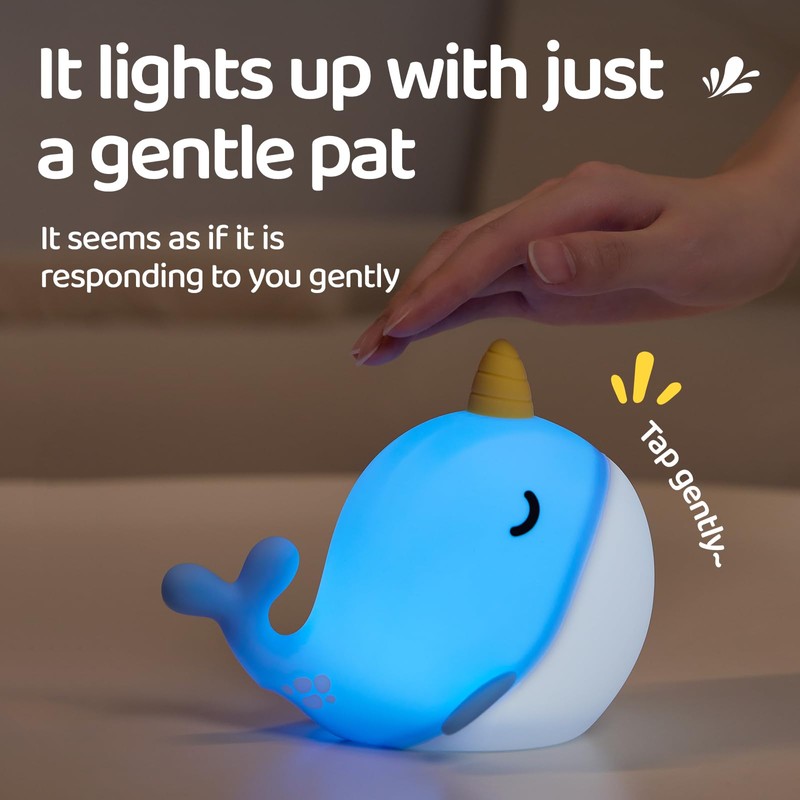 faralite Cute Whale Night Light, Soft Narwhal Silicone LED Night