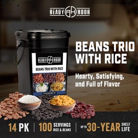Ready Hour Beans Trio with Rice Kit Bucket (100 Servings) Survival Beans and Rice, Survival Food Storage, Emergency Preparedness Food, Prepper, Easy Prep, 30-Year Shelf Life