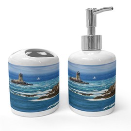 Ambesonne Lighthouse Soap Dispenser & Toothbrush Holder Set, Daytime Lighthouse Wavy Ocean View and Clear Sky Rocky Islands Sailboat, Ceramic Bathroom Toiletry Accessories, 2 Pcs, Blue Grey White