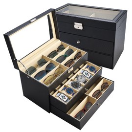 NovelBee 3 Layers 12 Slots Watch Boxes and 12 Pieces Eyeglasses Sunglasses Storage,Black Leather Watch Jewelry Eyeglasses Sunglass Display Case Organizer for Women and Men