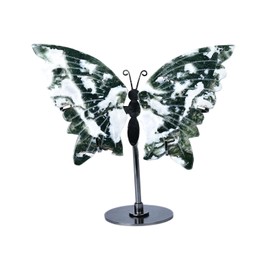 JIC Gem Aquatic Agate Crystal Stone Butterfly Art Decorative Healing Crystal Slices Carved Angel Wings with Silver Stand Office Home Decor Reiki Gifts (1pair, 10cm)