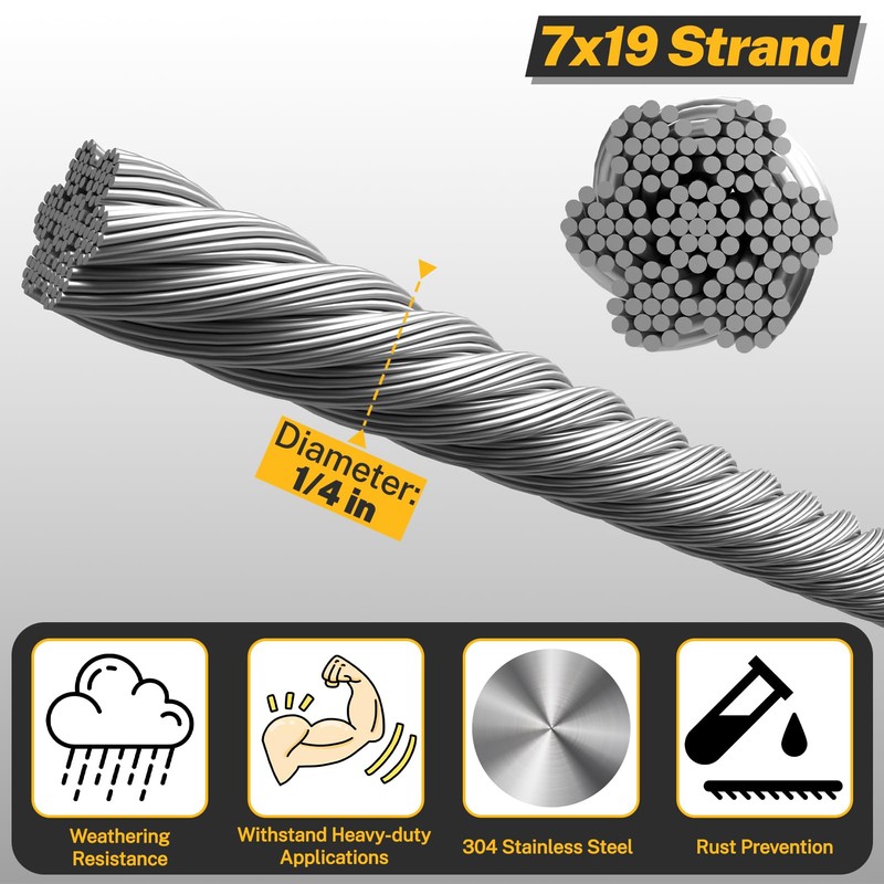 1/4" Wire Rope,25FT 304 Stainless Steel Wire Cable Kit,7x19 Strand