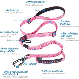 Hotsky Tactical Dog Leash Heavy Duty for Medium Large Dogs, 4-6Ft Strong Bungee Shock Absorbing Dog Leash, Padded Double Handle Military Dog Leashes with Car Seatbelt for Training,Pink Camo