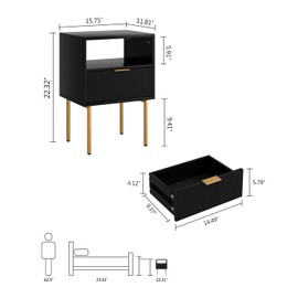 Aienvey Nightstand, Drawer Night Stand for Bedroom, Small Side Table with Drawer, Bedside Furniture, End Table with Gold Frame for Bedroom, Living Room (Black Stripe, 1 Drawer)