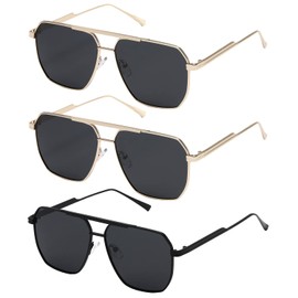 MASDUN Retro Oversized Square Polarized Sunglasses for Women Men Vintage Shades UV400 Classic Metal Sun Glasses (Gold/Black Grey+Gold/Black Grey+Black/Black Grey)