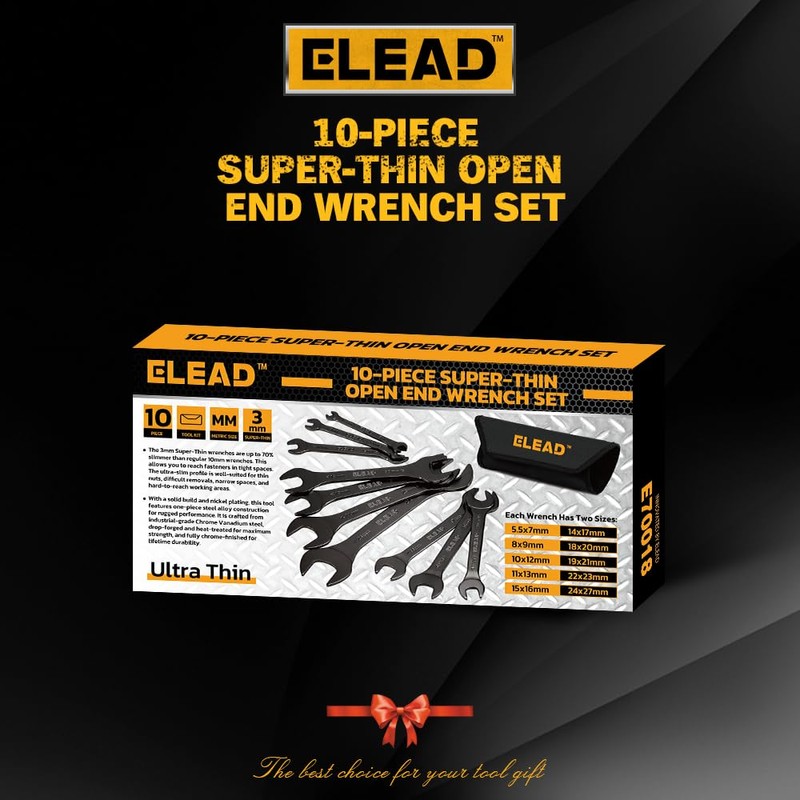 ELEAD Super-Thin Open End Wrench Set | 10-Piece Metric 5.5-27mm