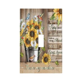 Sunflower 1 Gang Wall Plate Decorative Single Toggle Light Switch Cover Farmhouse Rustic Country Wooden Plank Butterfly Bird Faceplate Switchplate Bathroom Bedroom Kitchen Decor