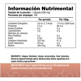 Colágeno Hidrolizado Ácido Hialurónico Biotina 100 Cápsulas 500 Vitaminas Mujer Salud Vida
