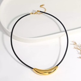 ZARD Curved Tube Pendant on Black Cord Necklace in Gold