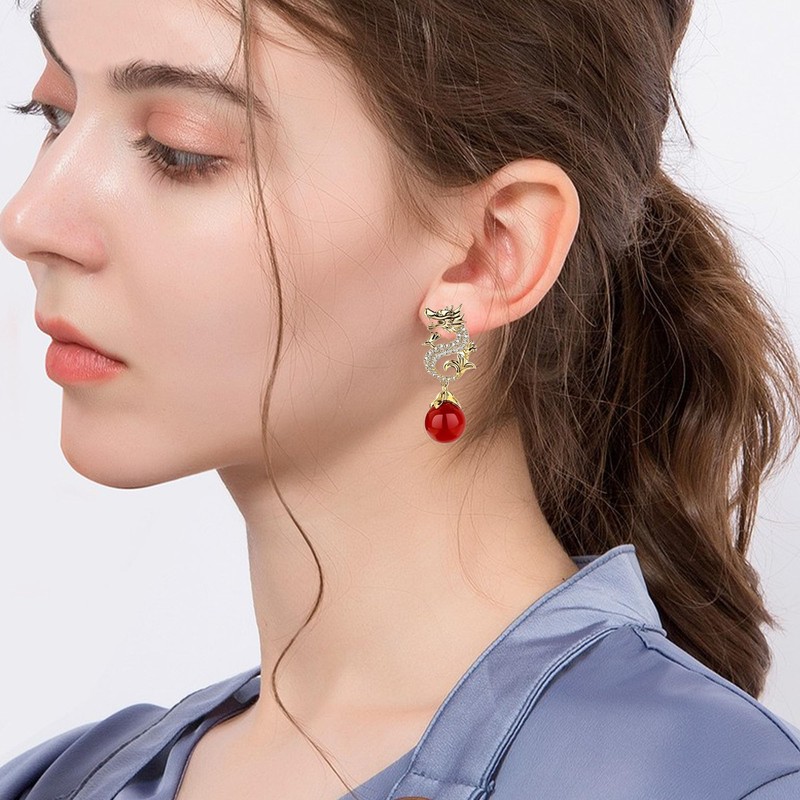 Peasimy Chinese Style Dragon Stud Earrings for Women Girls Vintage
