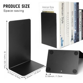 VONDERSO Metal Bookends Black, 2 Pairs Decorative Metal Book End Supports for Shelves Gauge Metal Book Divider Stopper Holders with Non-Slip Anti-Scratch Rubber Pads