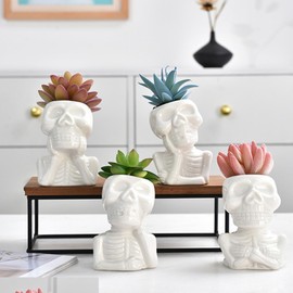Small Succulent Pots with Drainage Holes, Indoor/Outdoor Ceramic Garden Pots, Skull Shape Mini Flower Pots for Home Decor and Office Desk Decoration, Plants Not Included (Cross-Chest)