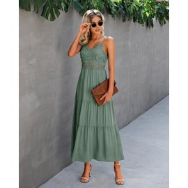 Dokuritu Women's Beach Crochet Lace Maxi Dress Wedding Guest Bridesmaid Cocktail Summer Spaghetti Strap Long Sage Green Dresses 2024(SproutGreen,L)