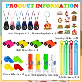 216 Pcs Happy Camper Camping Party Favors Camping Birthday Party Decorations with Mini Compasses Flashlights Stickers Keychains Bubble Wands Binoculars for Outdoor Camper Adventure Party Supplies