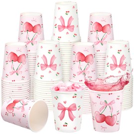 Jingmore 100 Count Cherry Bow Paper Cups Pink Coquette 9 oz Disposable Hot/Cold Beverage Drinking Cups for Girls Cherry and Bows Birthday Baby Shower Bachelorette Weddings Party Supplies