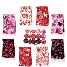 12 Pcs Valentines Gift Bags Valentine’s Day Bags with Valentines Stickers, Double Side Valentines Treat Paper Bags for Valentine Party Supplies Decoration