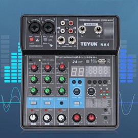 Mixing Console, 48V Phantom Power Stereo Interface Professional Audio Mixer DJ Sound Effects Board Mixing Console Board for Music Studio Recording, Home KTV, Bars (4 Channel Audio Mixer)