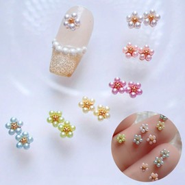 K-Bom Nail Parts, 6 Colors, 5 Pieces, 30 Pieces, Small and Cute, Lustrous Gloss, Jewelry Parts, Pearl Flowers, Flower Nails, Mini for Resin, 3D Nail with Base (Multi)