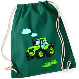 minimutz Children's Boys Cotton Gym Bag Tractor Bulldog with Clouds and Grass Shoe Bag Sports Bag with Drawstring 37 cm x 46 cm, dark green