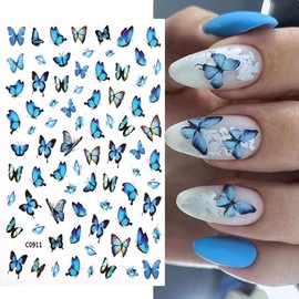 8 Sheets Butterfly Nail Art Stickers 3D Self Adhesive Butterfly Nail Decals Blue Black Gold Butterflies Spring Summer Design Nail Stickers for Women Girls DIY Nail Art Decoration