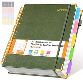 Hardcover Large Spiral Notebook 8.5" x 11" with Removable Dividers Tabs, 300 Pages Leather 5 Subject Notebook College Ruled, A4 Journal for Women Men, Notebooks for Work School Note taking, Green
