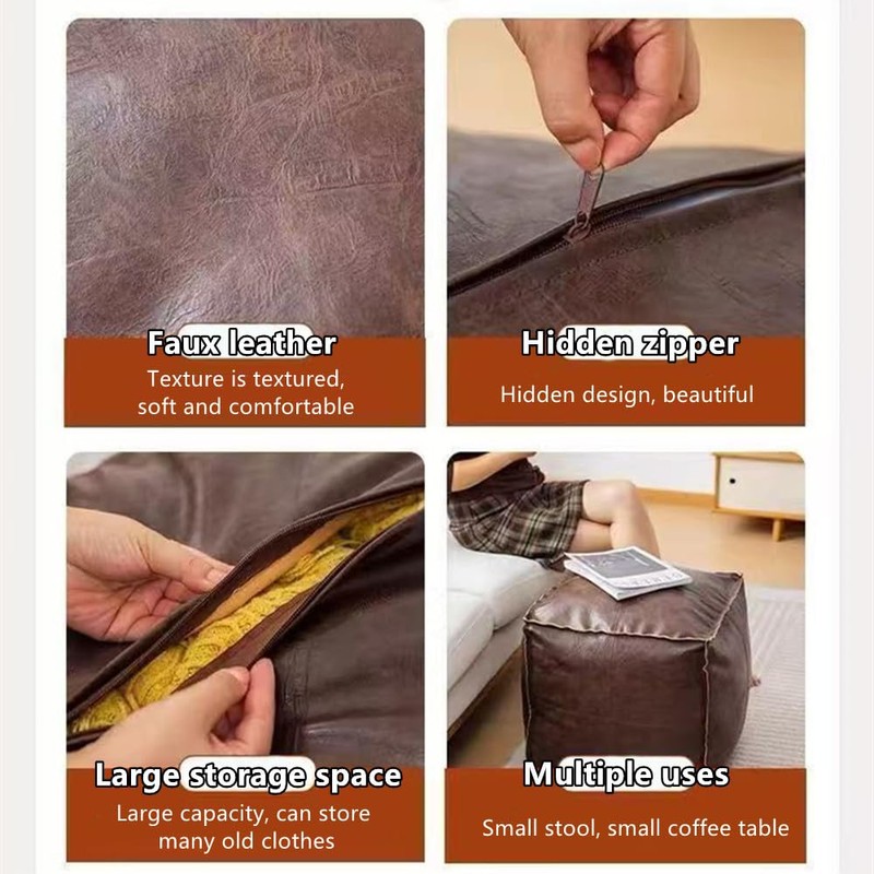 Storage Ottoman, Foot Stool, Lazy Sofa, Leather Stitched Cushion with