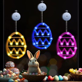 3 Pack Easter Window Lights Hanging Decorations Yellow Blue Pink Easter Egg Lights with Suction Cup, Outdoor Easter Decorations Indoor Battery Operated Easter Lights for Home Door Wall Easter Decor