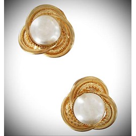 Love Knot Button Faux Pearl Pierced Earrings For Women Statement Chunky Crystal Fashion Jewelry Stud Gold Tone 5/8"