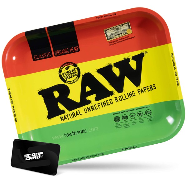RAW RAWSTA Metal Tricolor Rolling Tray | Size - Large | Elegant and Sleek Rasta Themed Finish with Smooth Rounded Edges for Comfort and Functionality with an ESD Scoop Card Included 14'' x 11'' x 1''