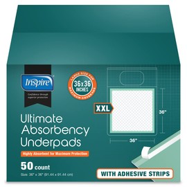 Inspire Super and Ultra Absorbent Disposable Bed Pads, 36" X 36", Pack of 50 with Adhesive, XXL