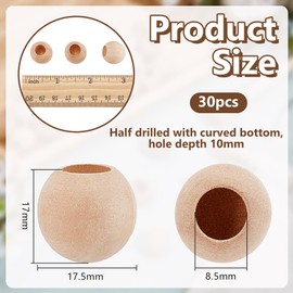 OLYCRAFT 30Pcs Wood Dowel Rod End Caps 17mm in Diameter Wooden Solid Crafting Beads Half Drilled 8.5mm/0.3 Inch Hole for Crafts Round Unfinished Natural Wood Ball for Arts and Crafts