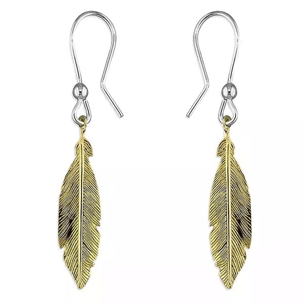 925 Sterling Silver Feather Drop Earrings, 24k Gold Plated, Spiritual